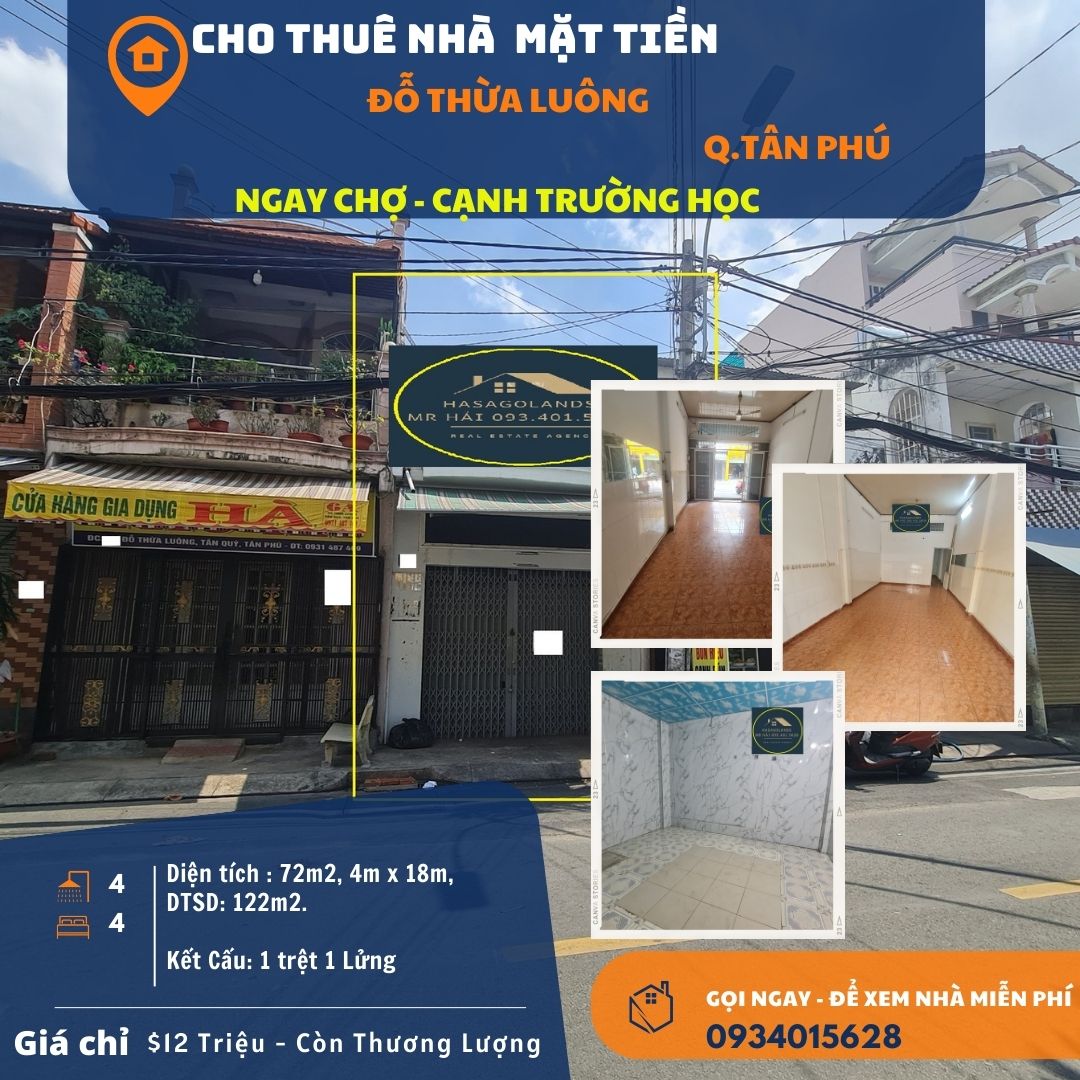 Cho thuê nhà mặt tiền Đỗ Thừa Luông 72m2, 1 Lửng, 12Triệu - NGAY CHỢ - Ảnh chính